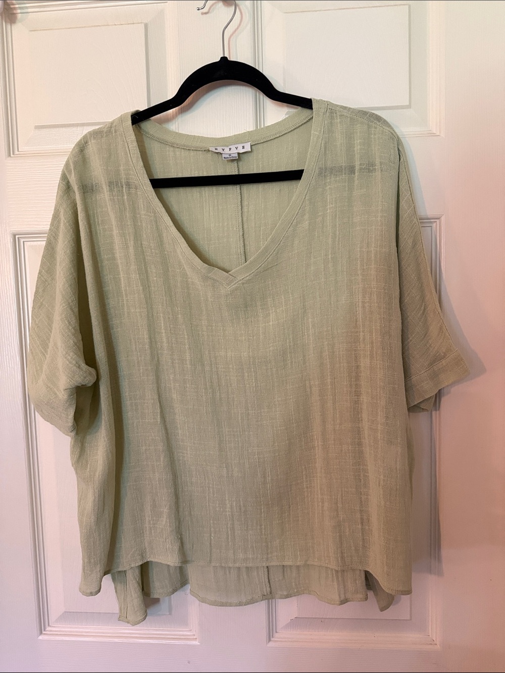 HYFVE Oversized Split-Seam V-Neck Top in a Light Sage Green Hue